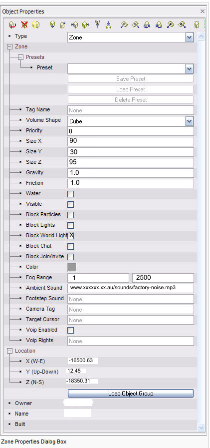 Zone Object Properties Box